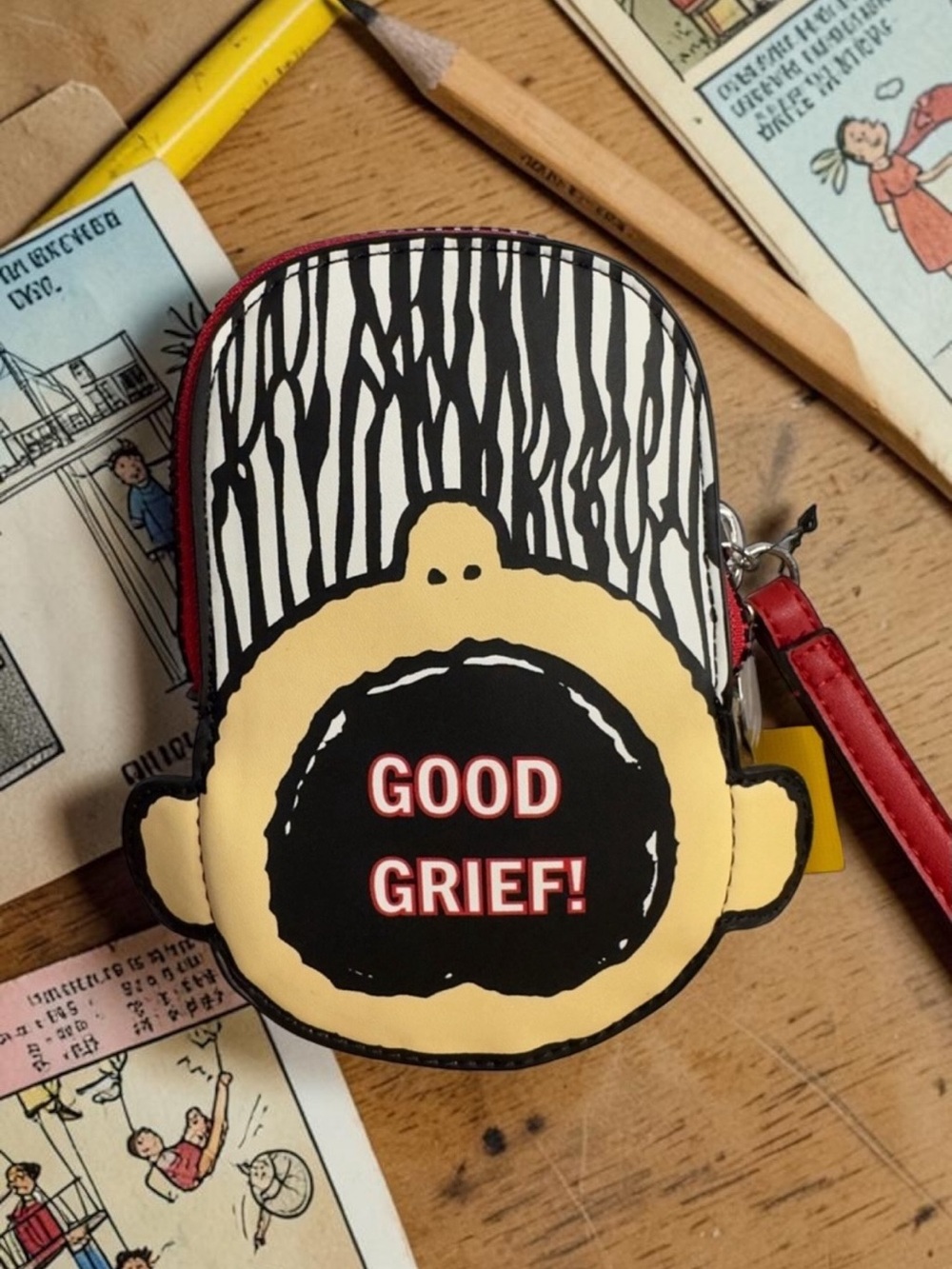 Peanuts Wristlet Clutch in Black, White, Red and Tan - "Good Grief!"